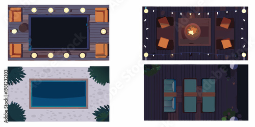 Isometric views of cozy holiday scenes including a fireplace and pool