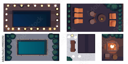 Architectural floor plans depicting outdoor living spaces and entertainment areas