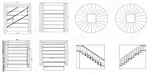 Architectural drawings of staircases and related structural elements
