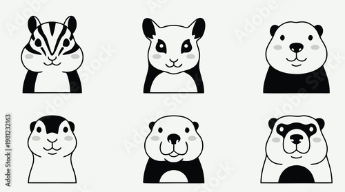 Set of six cute cartoon animal heads chipmunk panda groundhog otter and two other rodents.