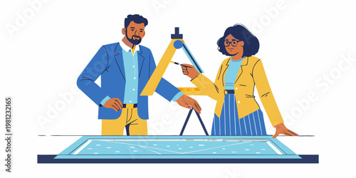 Architects collaborating on a blueprint with drawing tools and a drafting table