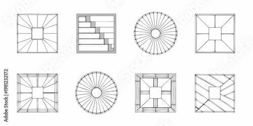 Architectural sketches of ornate window designs in linear style