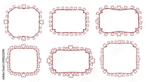 Heart frames set six red border card frame vector illustration for invites and labels