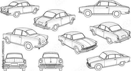 Quadro su tela Vintage classic car silhouettes collection featuring retro automobile models in