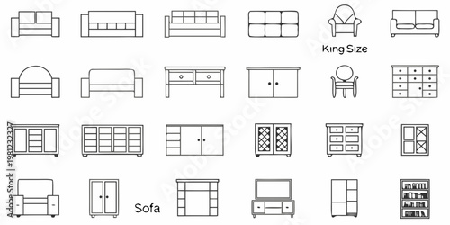 Line art illustrations of various furniture pieces in a minimalist style