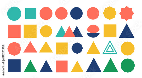 A vibrant collection of colorful geometric shapes and abstract forms arranged in rows.