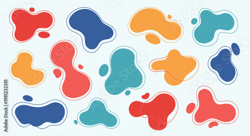 Collection of colorful abstract liquid blob shapes with dashed outlines on a light background, suitable for graphic design elements and modern backgrounds.