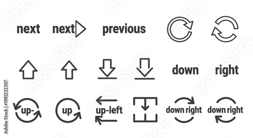 Set of outline arrow icons for navigation, direction, refresh, and download actions with accompanying text labels.