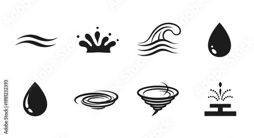A collection of eight black and white vector icons representing various forms and movements of water, including waves, splashes, drops, swirls, and a fountain.