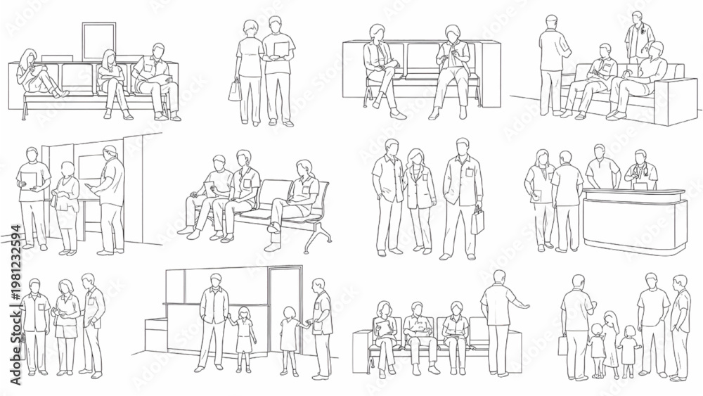 Obraz premium People Waiting in Hospital Reception Outline Silhouette Architectural CAD Technical Line Drawing, Healthcare Illustration, Isolated White Background