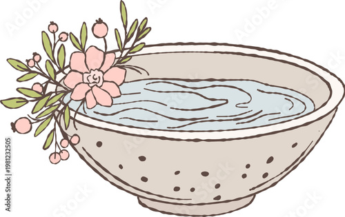 Baptismal font decorated with delicate floral elements, featuring soft flowers and foliage in a gentle decorative style. Hand-drawn doodle illustration representing a sacred vessel with water 