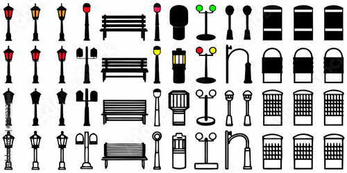 Collection of simplified black and white street furniture icons arranged in rows