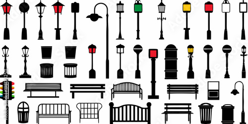Collection of various black street lamps benches and urban elements