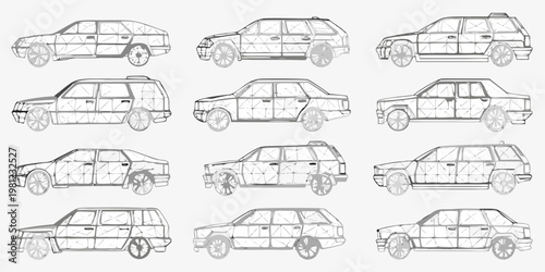 Line art illustrations of range rover vehicles in various perspectives