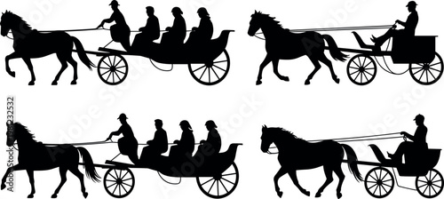 Vintage horse carriage silhouettes featuring passenger coaches with drivers and multiple riders isolated classic transport vector illustration set on white background