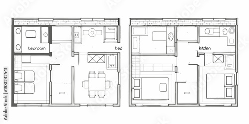 Architectural floor plans displaying layouts for a house or apartment