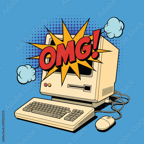 Retro of a vintage radio with O M G text and dials