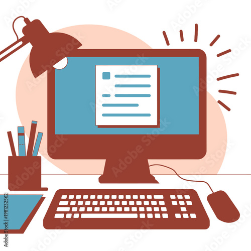 Stylized of a desktop computer with keyboard and mouse