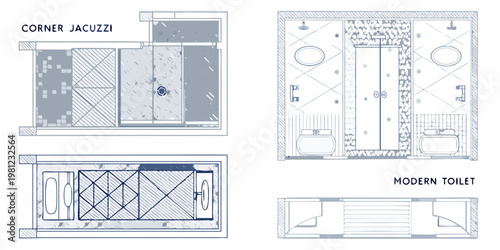 Architectural plans showcasing a modern bathroom layout with jacuzzi and toilet