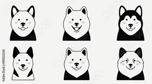 Set of Six Cute Dog Faces Illustrations.