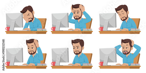 Six cartoon of a frustrated man at a messy desk office desk