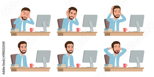 Six cartoon of a man in a blue shirt sitting at a desk with a laptop and coffee cup