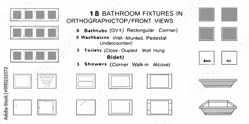 Architectural drawings illustrating various bathroom fixtures in orthographic projection