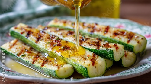 Italian style grilled zucchini olive oil drizzle farmhouse backdrop