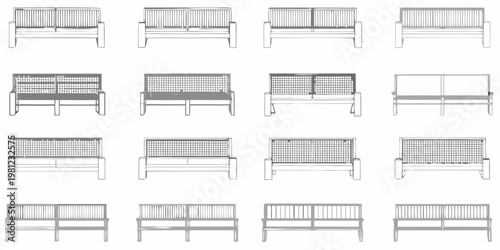 A collection of linear drawings depicting various styles of outdoor benches
