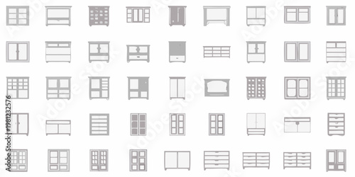 Collection of gray cabinet and wardrobe illustrations on white background