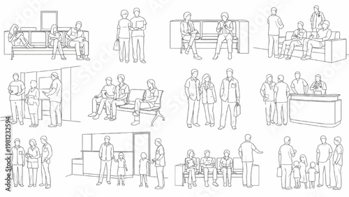People Waiting in Hospital Reception Outline Silhouette Architectural CAD Technical Line Drawing, Healthcare Illustration, Isolated White Background