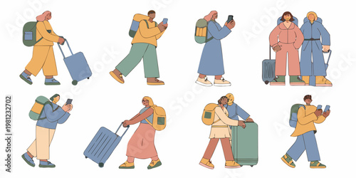 Diverse group of people traveling with luggage and backpacks outdoors