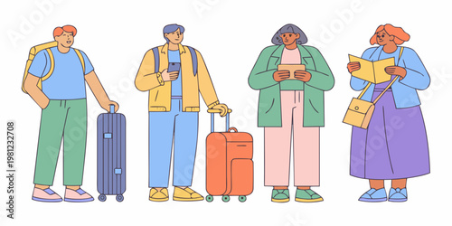 Diverse group of people traveling with luggage and personal items