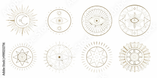Collection of ornate golden celestial and mystical symbol designs on white