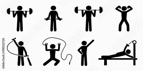 Stick figures demonstrate various fitness exercises and weightlifting activities