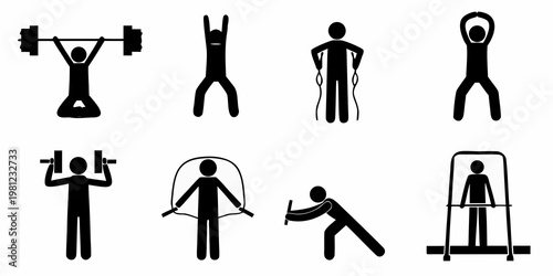 Stick figures demonstrate various gym exercises and fitness activities