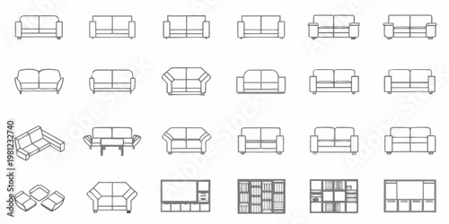 Collection of minimalist line art furniture icons including sofas and cabinets