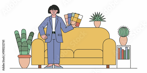 Woman presenting color swatches near a yellow sofa with potted plants