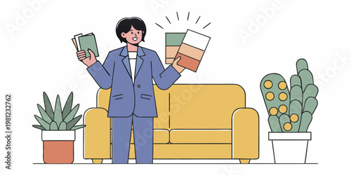 A woman stands with several books appearing joyful and engaged
