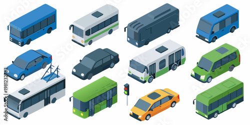 Isometric illustration of various public transport vehicles and a traffic light