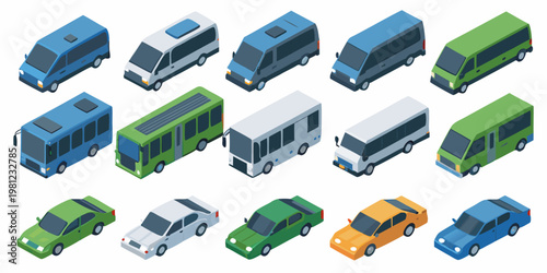 Isometric illustration of various public and private transportation vehicles