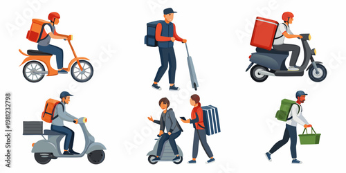 Diverse delivery personnel using various transportation methods for quick service