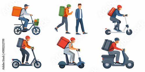 Diverse delivery personnel using various transportation methods for fast service