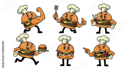 Cartoon burger characters in various poses for culinary concepts