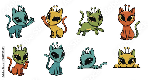 Cartoon alien cats set illustration vector graphics