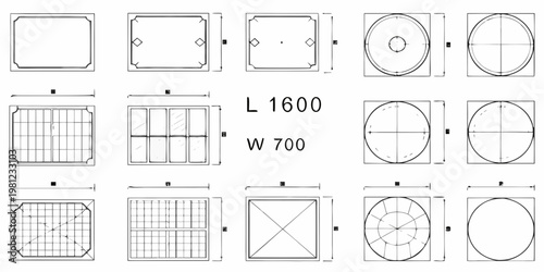Technical drawings of manhole covers in square rectangular and circular shapes