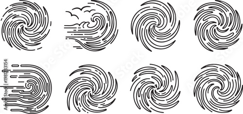 A collection of black and white line art fingerprints and a thumbprint Vector