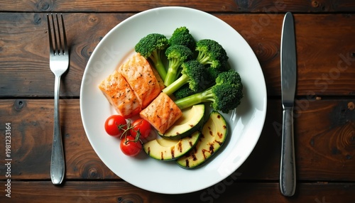 Top down view of white plate with salmon, broccoli, avocado slices, cherry tomatoes. Meal served on wooden table with fork and knife. Healthy food.