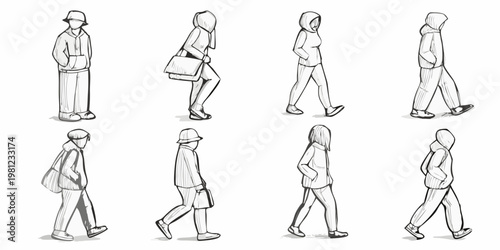 Sketch of eight figures in various walking poses all wearing hoodies