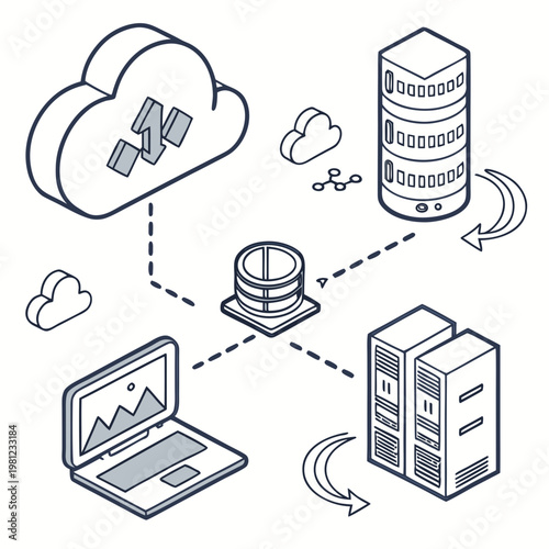 This illustrative image depicts cloud computing infrastructure showcasing data transfer between servers a laptop and the cloud environment high quality professional detailed